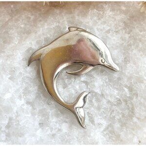 Dolphin Figural Morning Sun Signed Polished Sterling Silver Vintage Brooch